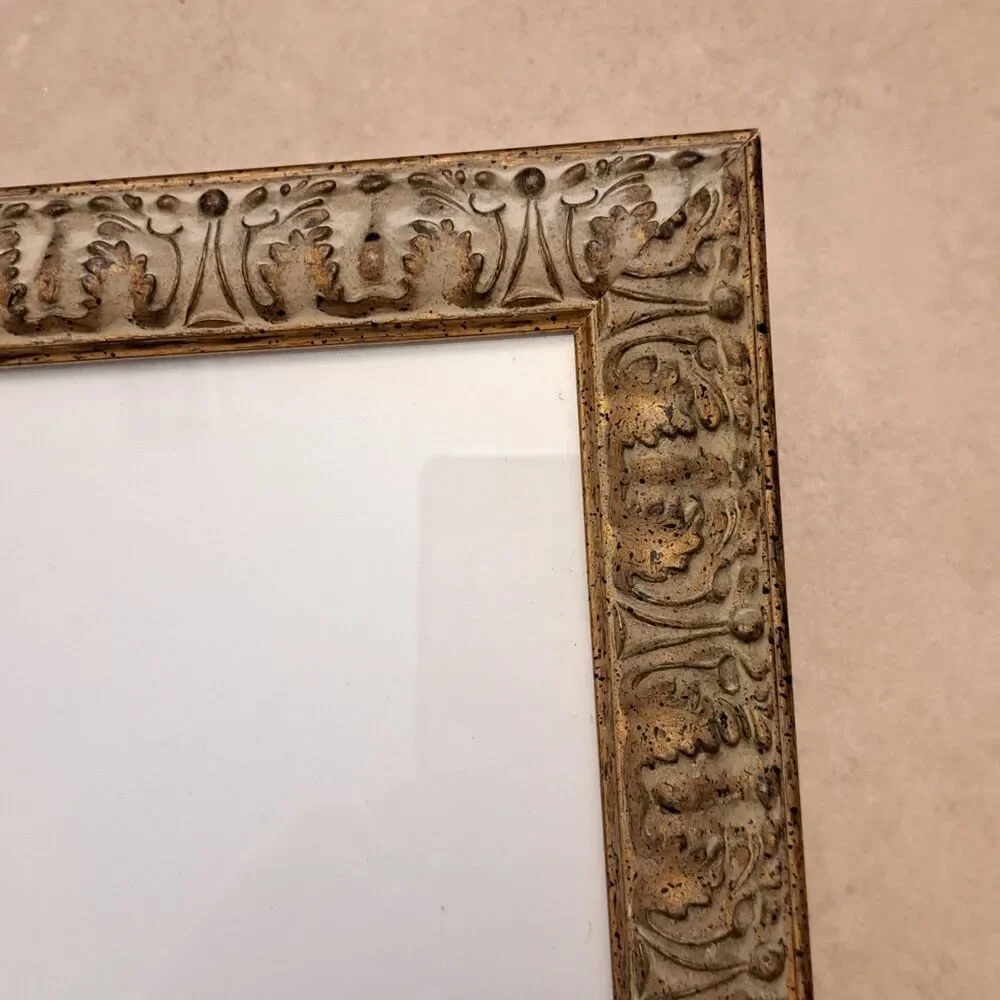 Vintage Wooden Ornate Rococo Photo Frame Gray Golden Tone 11.5 x 9.5 Inch